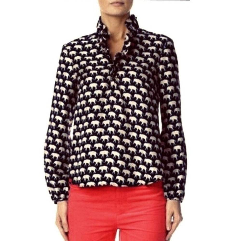 Elizabeth McKay Elephant Black and White Print Silk Blouse 2